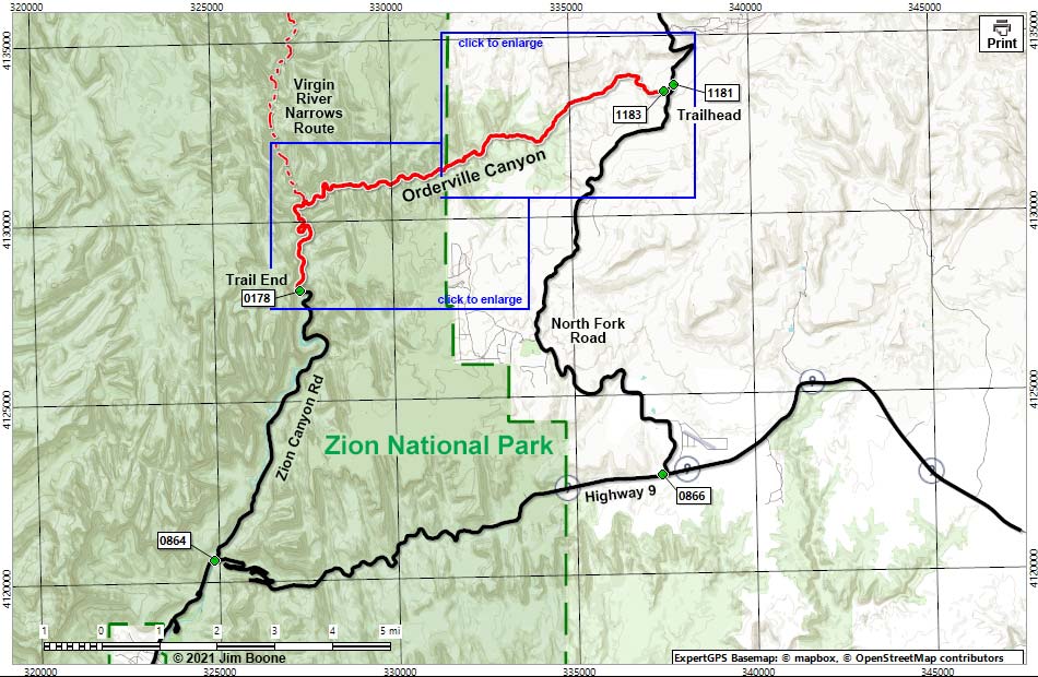 Orderville Canyon Route Map